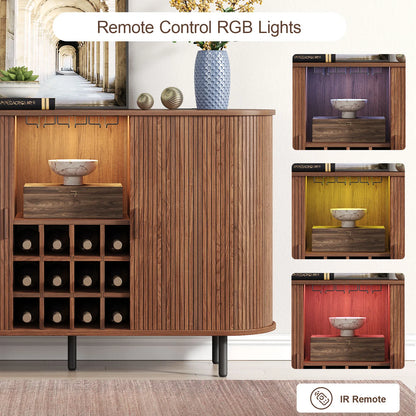 Wine Bar Cabinet w/ LED Light, Wine Rack & Glass Holder