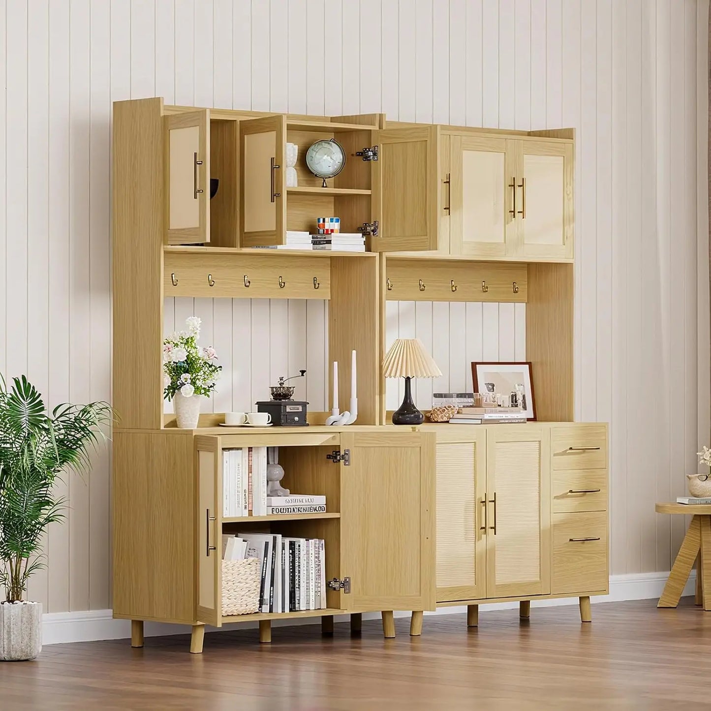 Rattan Kitchen Pantry Cabinet with 3 Drawers & Adjustable Shelves