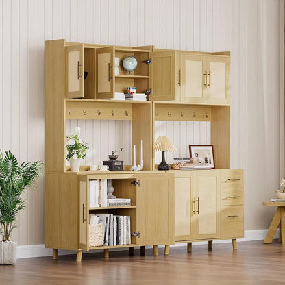 Rattan Kitchen Pantry Cabinet with 3 Drawers & Adjustable Shelves