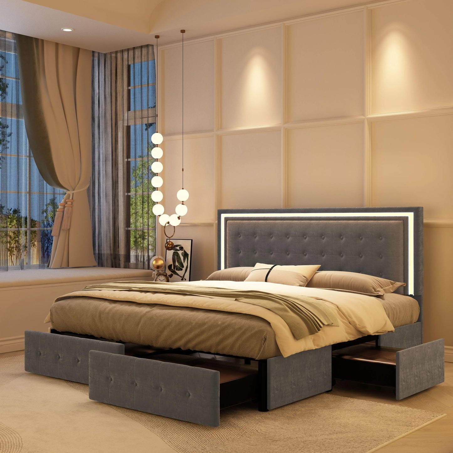 LED Bed Frame with 4 Storage Drawers & Upholstered Headboard