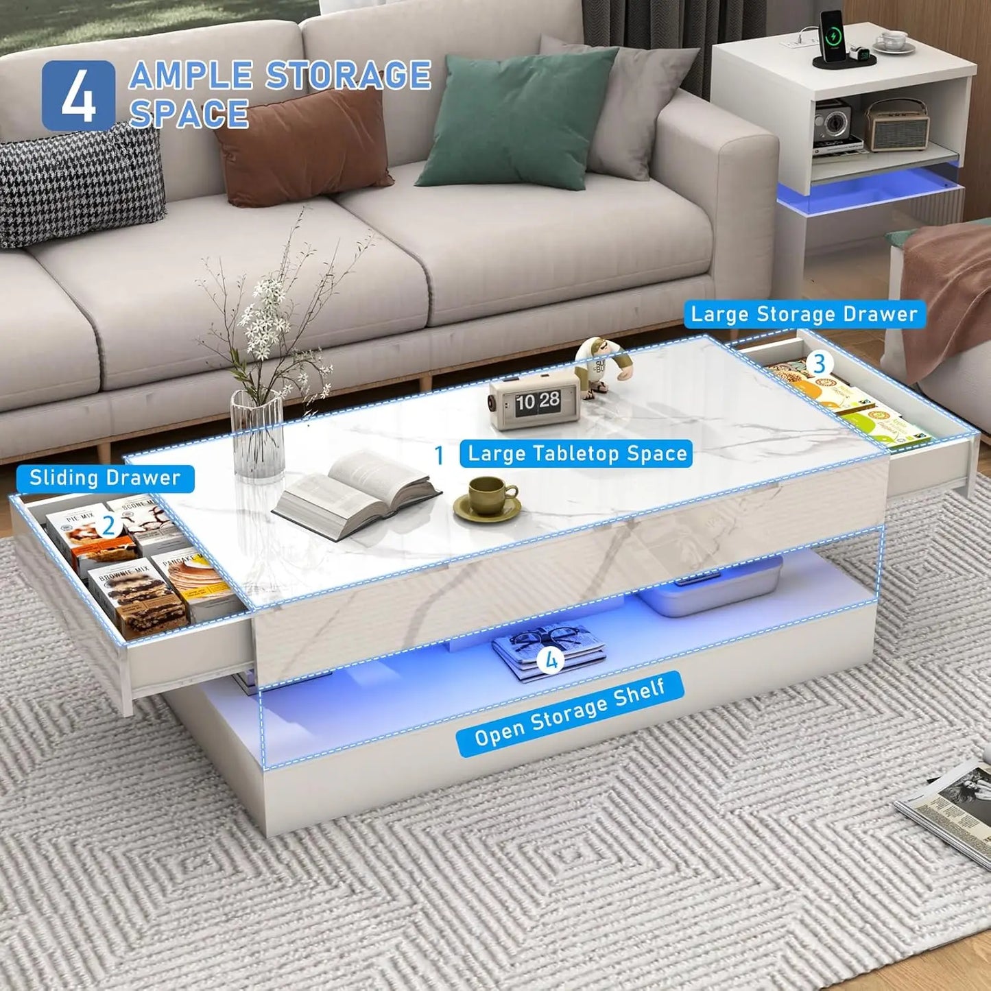 Double-Layer Coffee Table with LED lights & 2 Storage Drawers