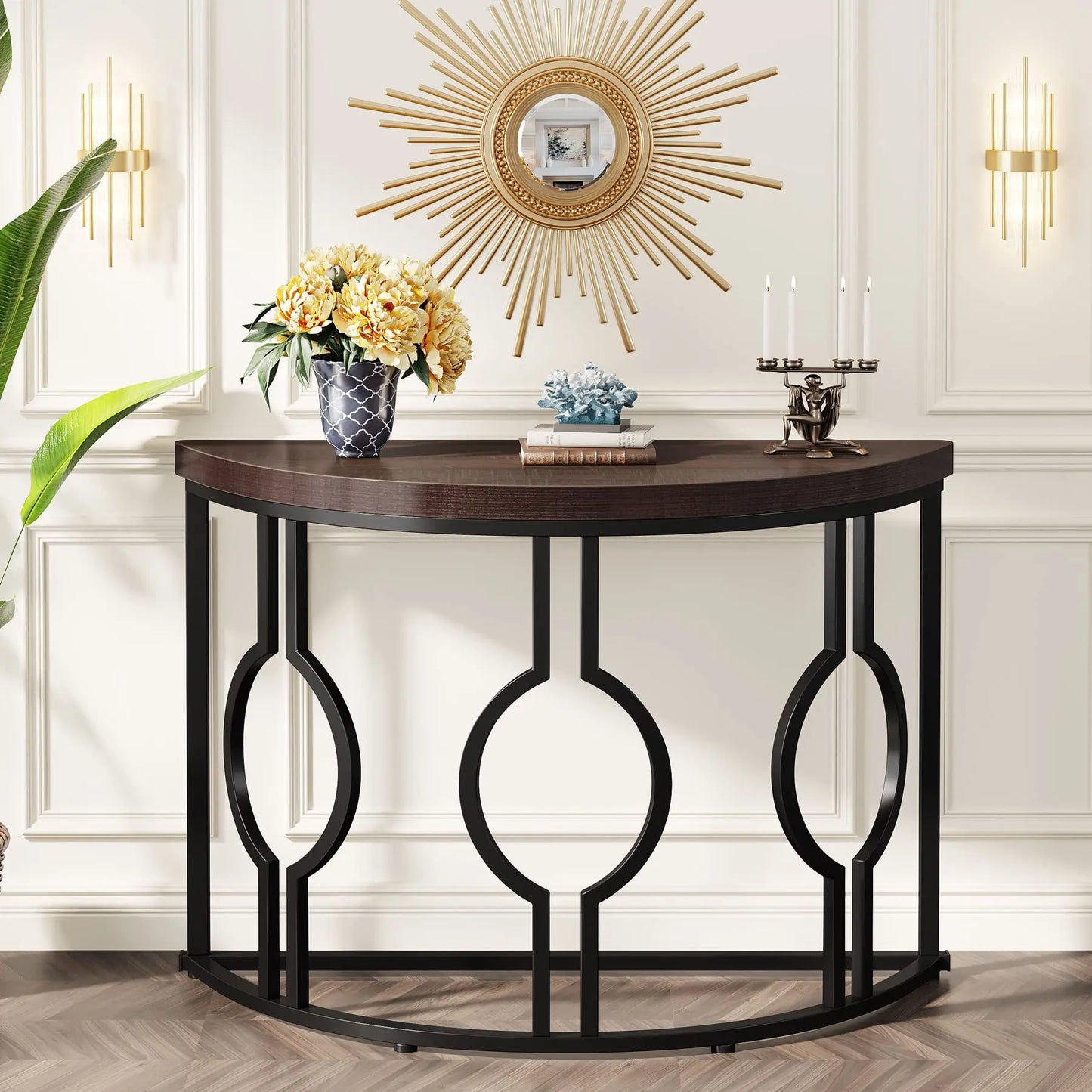 Half Moon Console Table with Geometric Base for Entryway