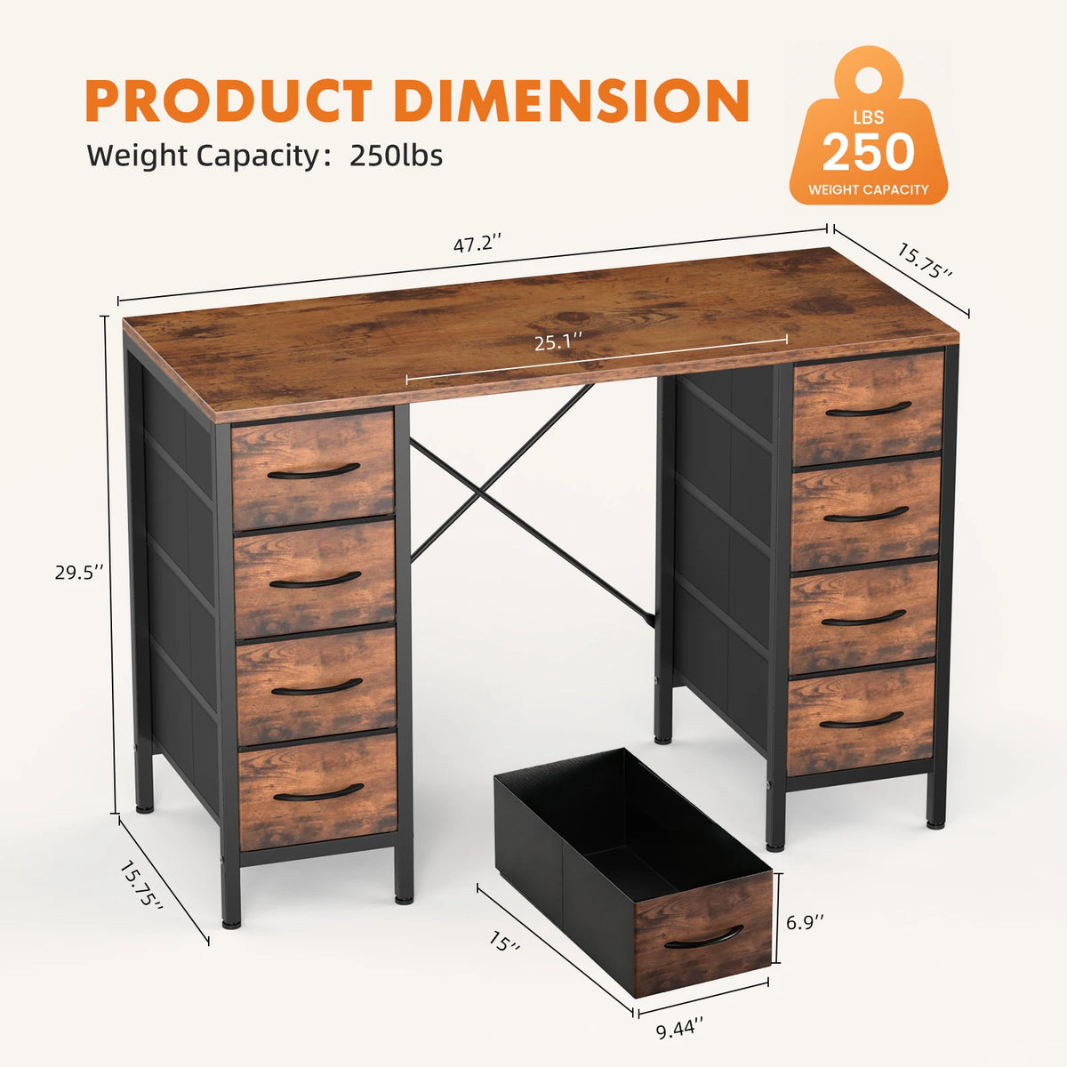 47" Computer Desk with 8 Storage Drawers