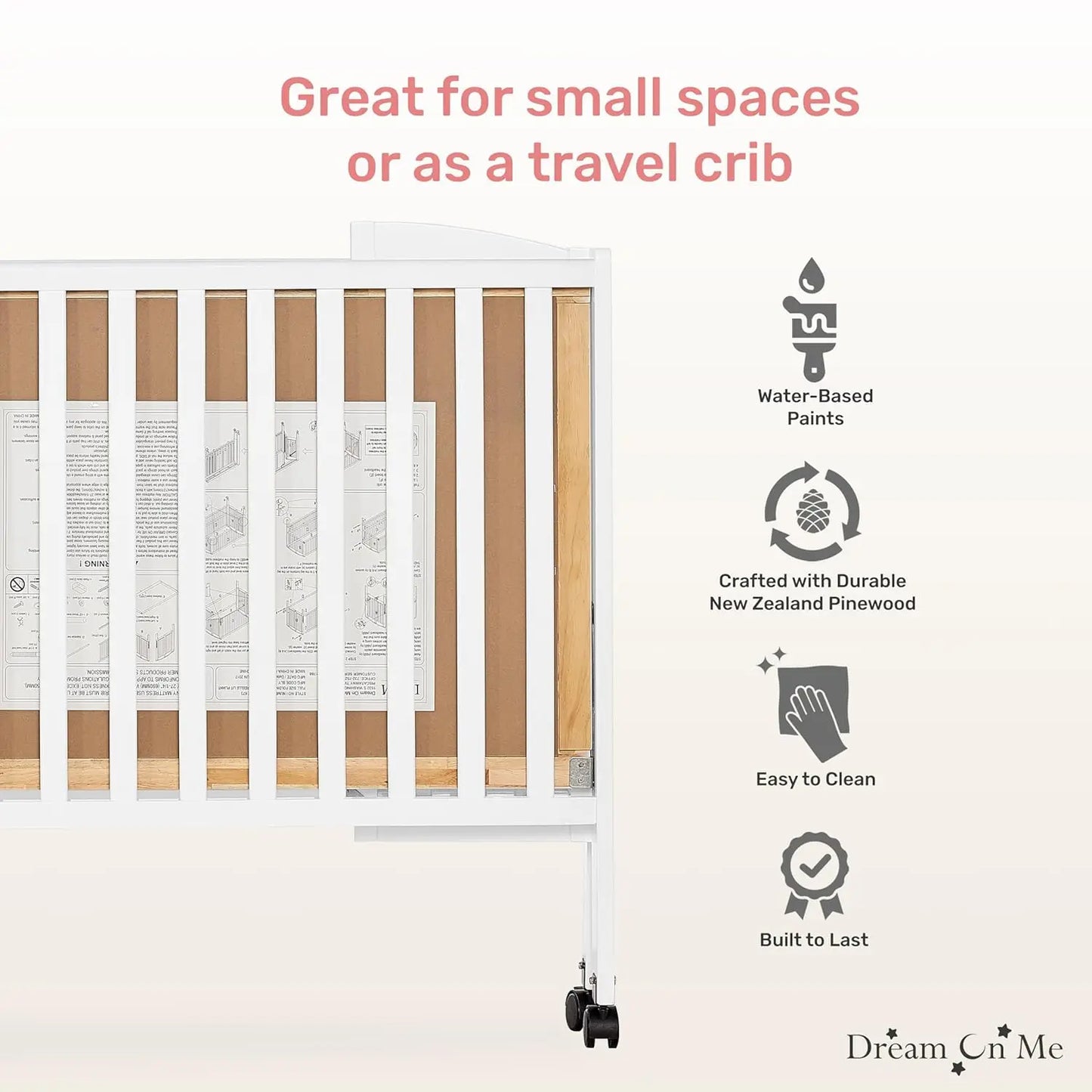 Full-Size Baby Crib is Portable with Quick Fold System, Strong Wheels, Adjustable Mattress Heights