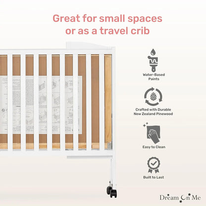 Full-Size Baby Crib is Portable with Quick Fold System, Strong Wheels, Adjustable Mattress Heights