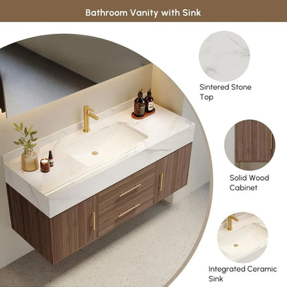 Floating Bathroom Vanity with Sintered Stone Vessel Sink 2 Drawers