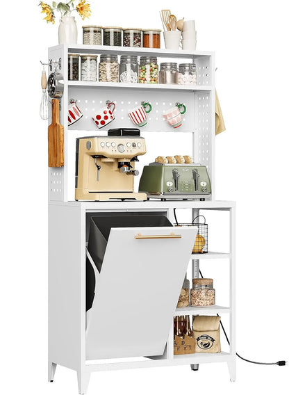 Baker's Rack with Trash Can Bin Cabinet and Power Outlet