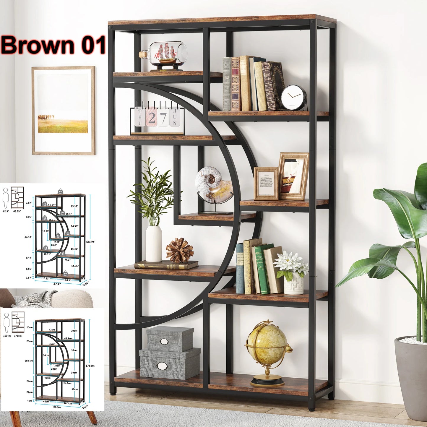 Elegant Geometric 5 Tier Bookshelf with Open Display Shelves