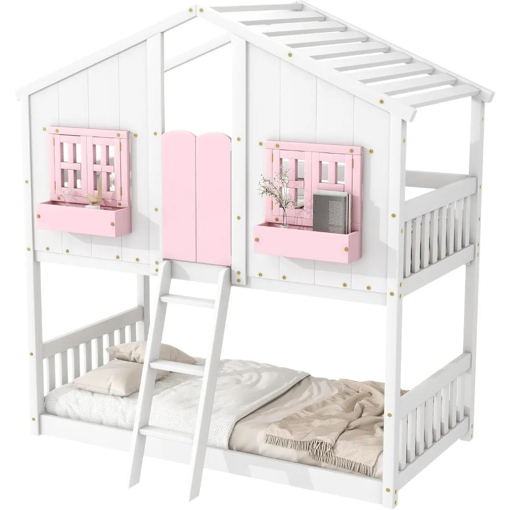 Floor House Bunk Bed with Roof and Window