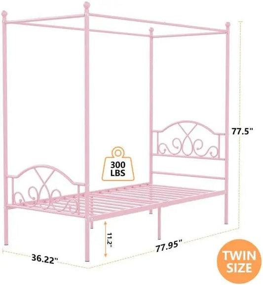 Pink Princess Canopy Bed Frame with 4 Posters, Twin Size