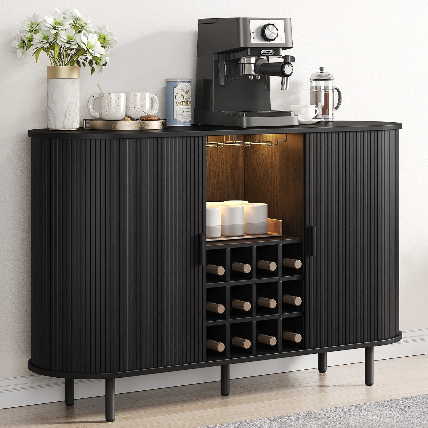 Wine Bar Cabinet w/ LED Light, Wine Rack & Glass Holder