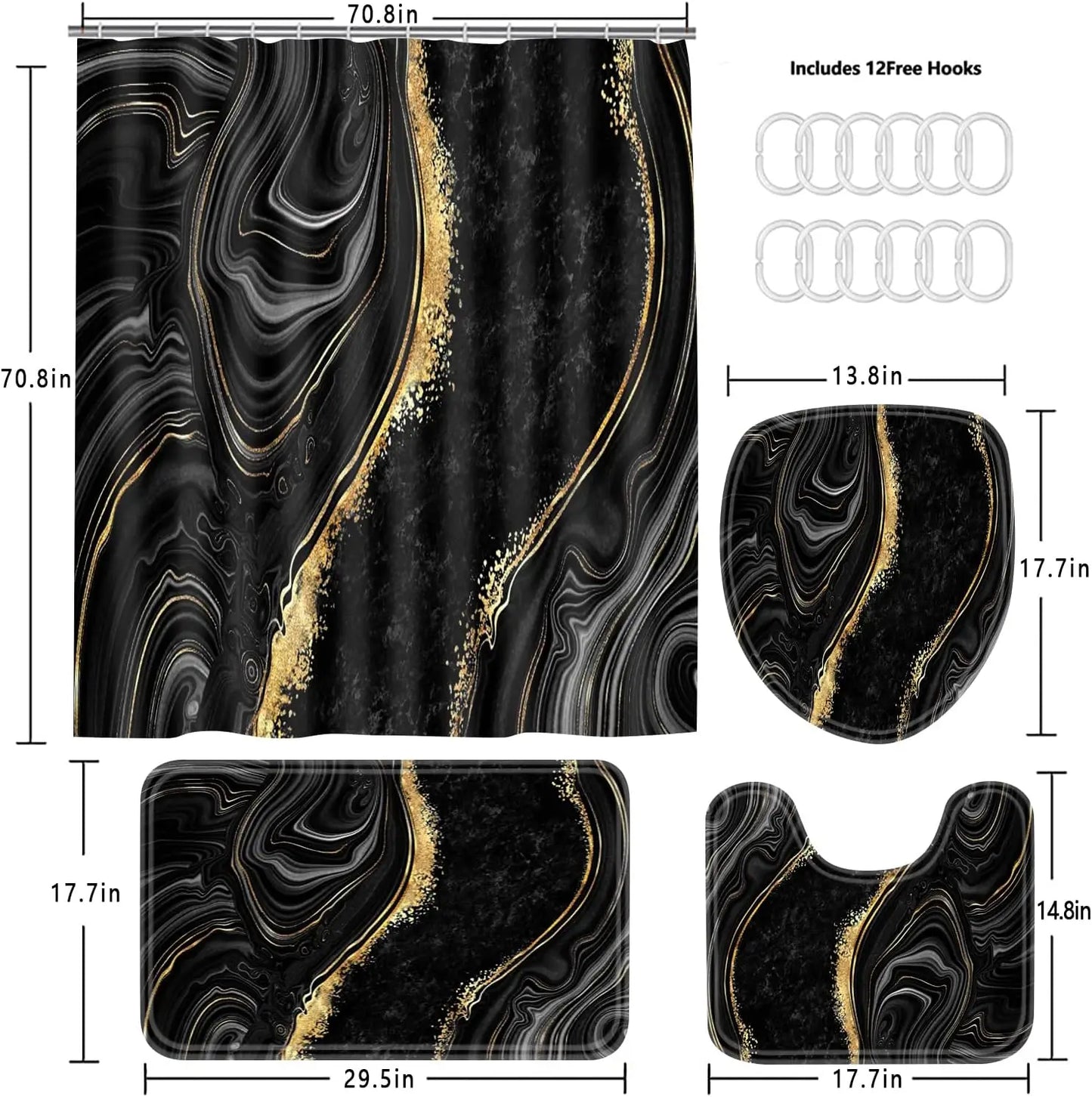 4-Piece Black Marble Shower Curtain Set with Rugs