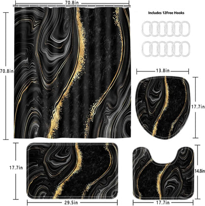 4-Piece Black Marble Shower Curtain Set with Rugs