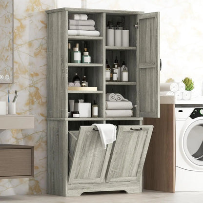 68" Tall Bathroom Storage Cabinet with 2 Tilt Out Laundry Hamper Door & Adjustable Shelves