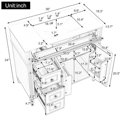 36" Free Standing Bathroom Vanity with Sink & Storage Drawers