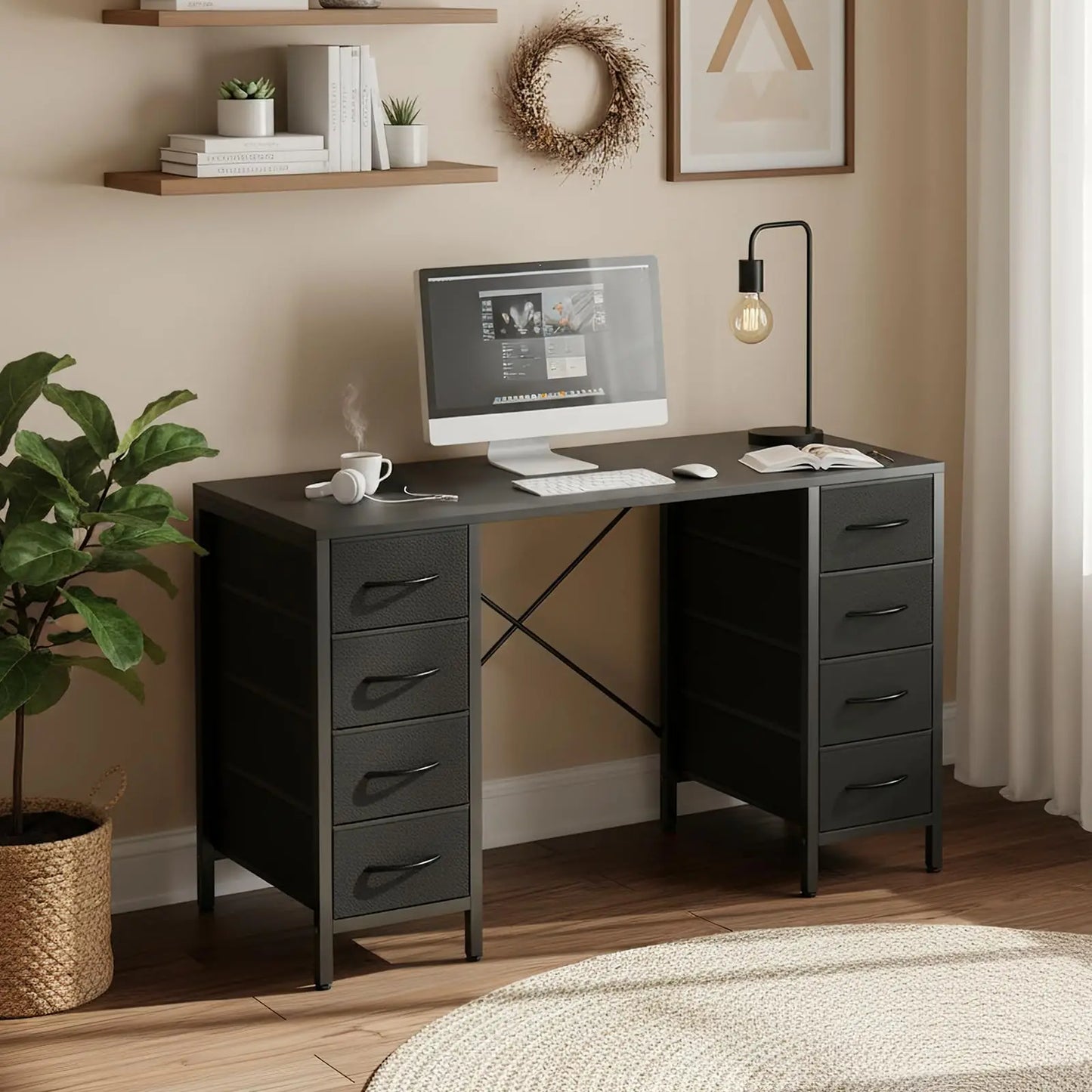 47 Inch Computer Desk with 8 Fabric Drawers