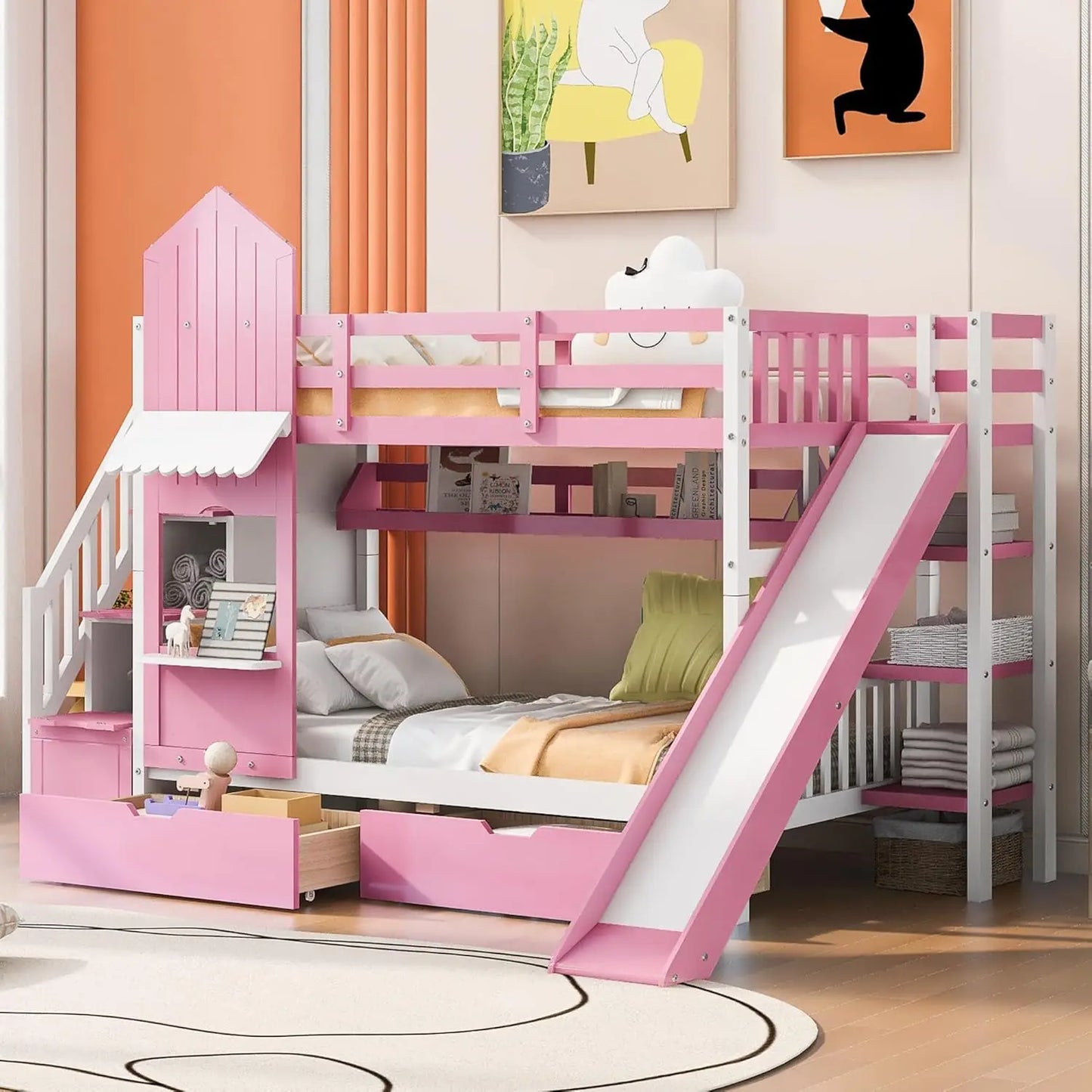 Castle Style Kids Bunk Bed with Stairs and Slide