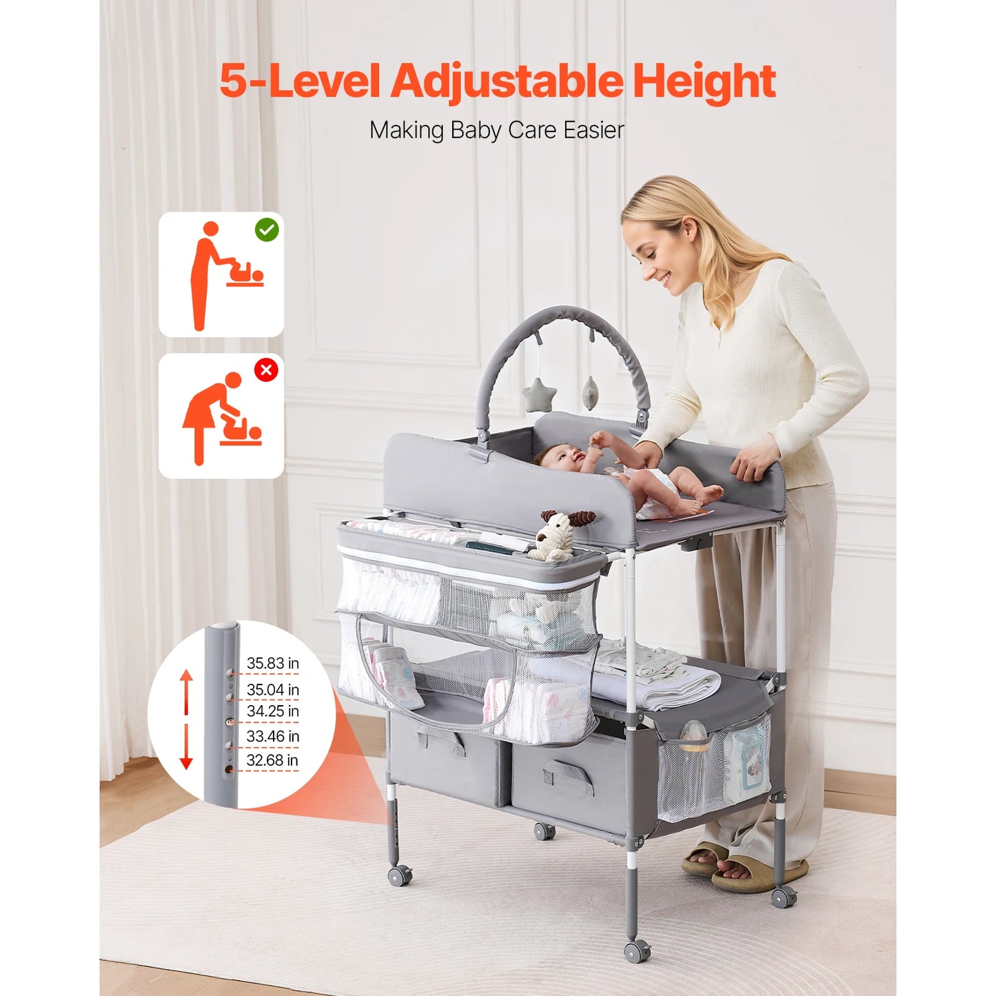 Foldable Diaper Changing Station with 2 Fabric Drawers & Side Basket