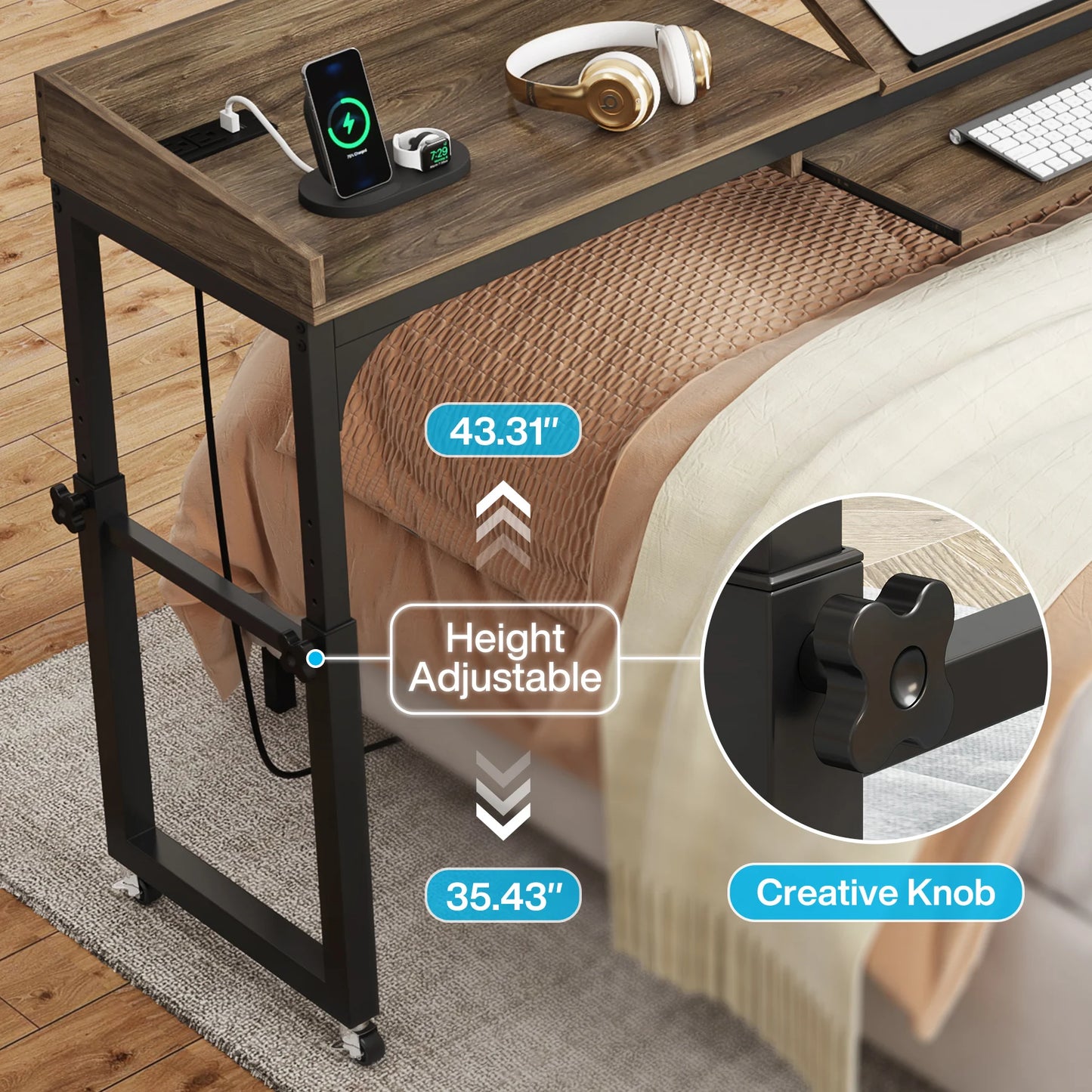 Queen Size Over Bed Desk with Adjustable Tilt Stand & Wheels