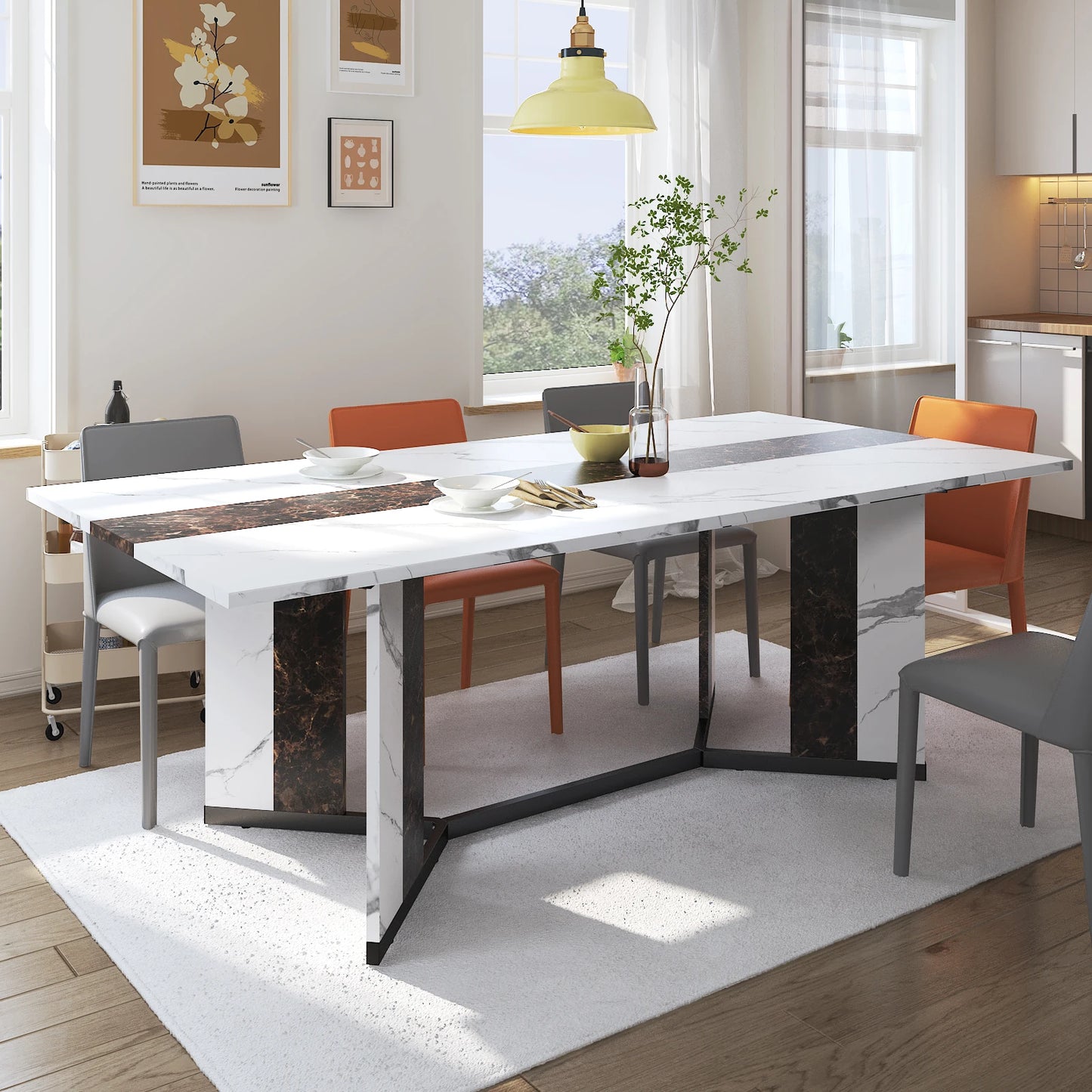 71" Large Rectangular Family Dinner Table with Marble Color, Wood Tabletop & Metal Leg