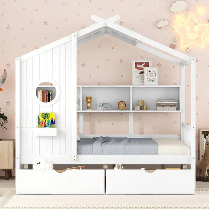 White Wooden Kids House Bed with Storage Drawers and Shelves