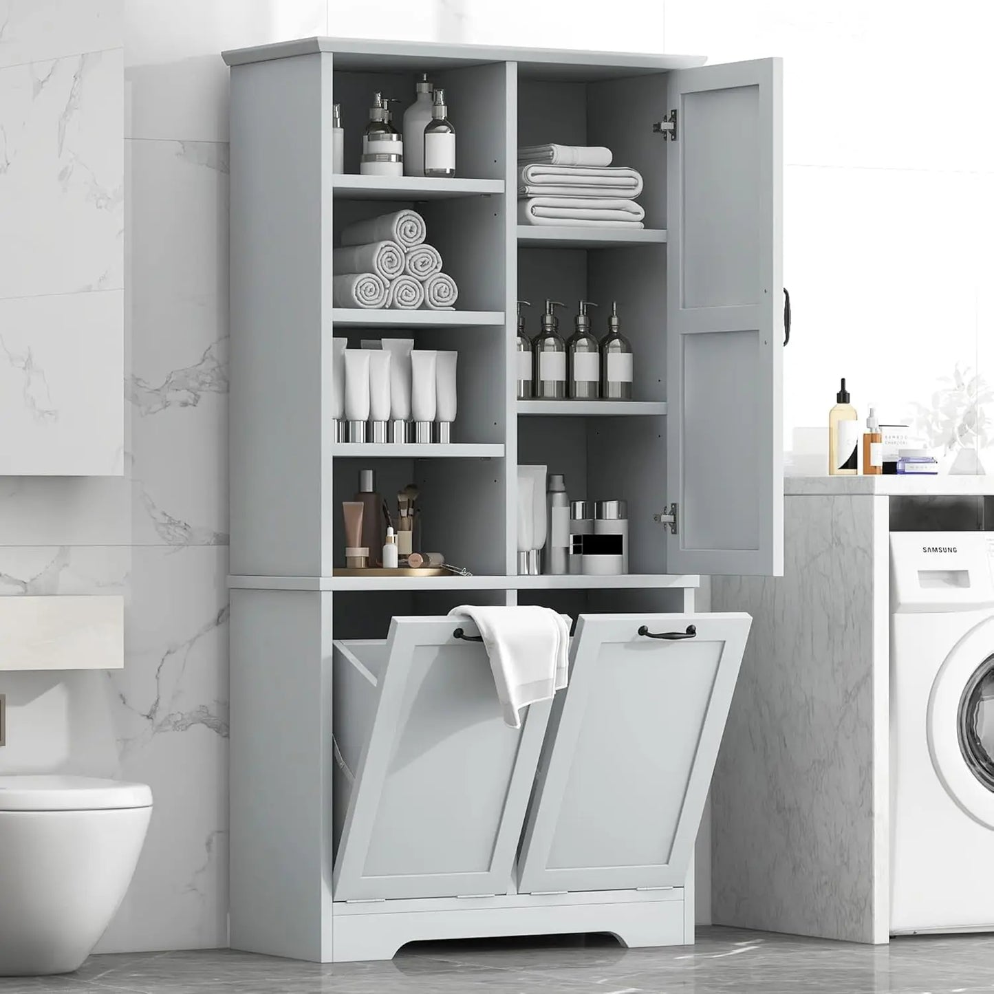 68" Tall Bathroom Storage Cabinet with 2 Tilt Out Laundry Hamper Door & Adjustable Shelves