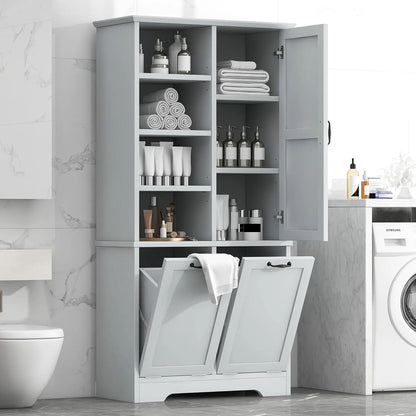 68" Tall Bathroom Storage Cabinet with 2 Tilt Out Laundry Hamper Door & Adjustable Shelves