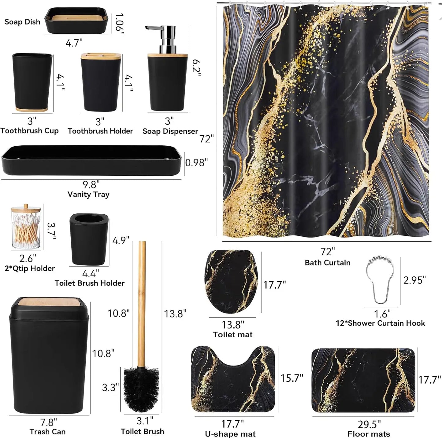 Black and Gold Shower Curtain Set with Rugs and Accessories