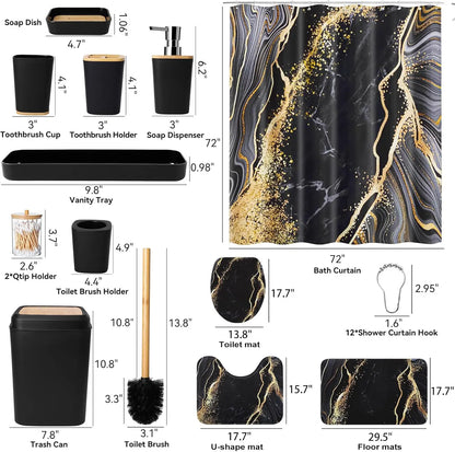 Black and Gold Shower Curtain Set with Rugs and Accessories