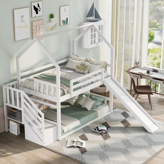 Twin Over Twin Bunk Bed with Slide & Storage Staircase