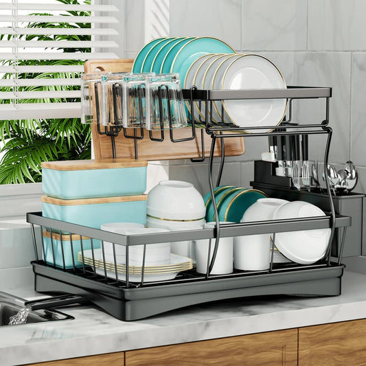 Large 2-Tier Dish Drying Rack w/Draining Tray for Countertops