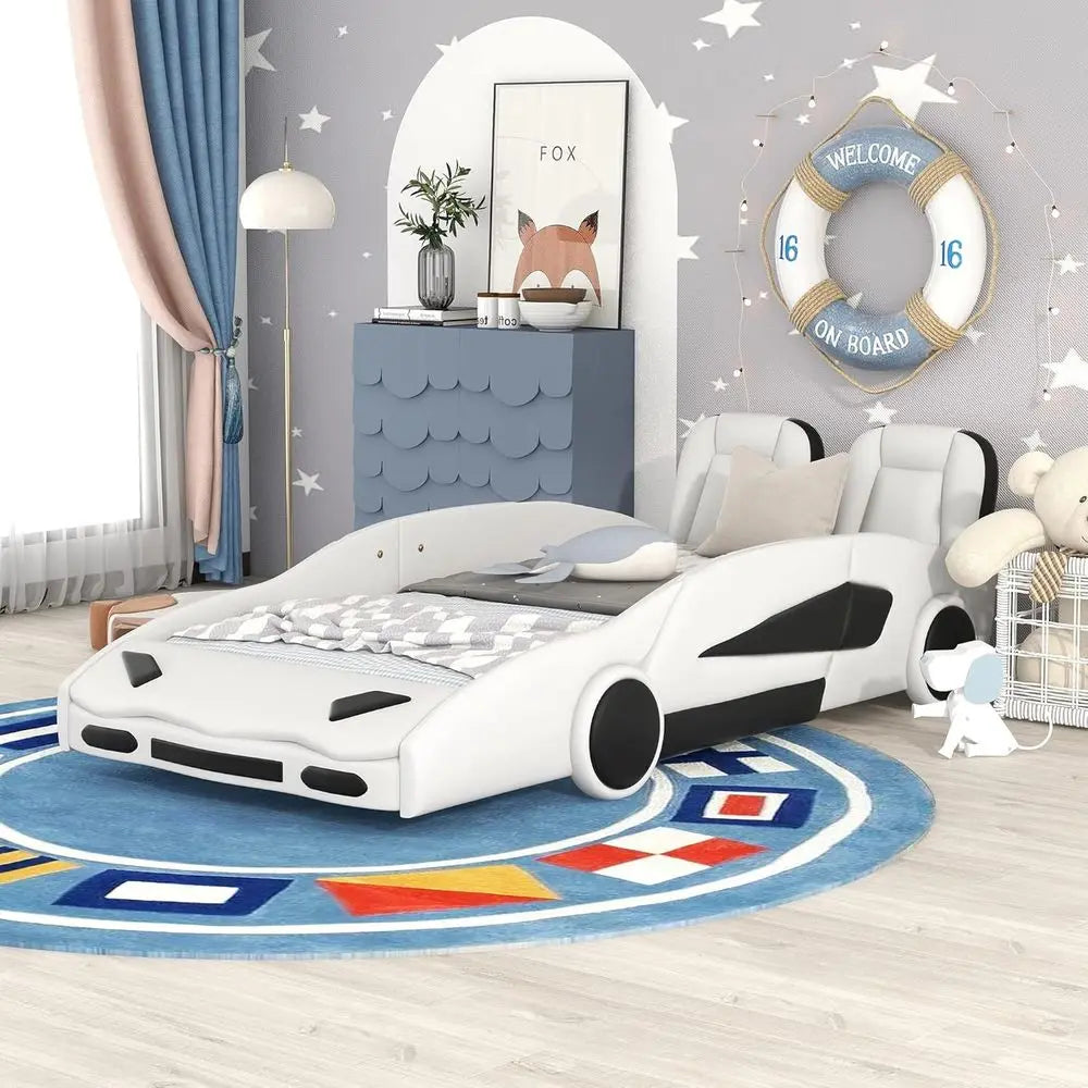 Leather Upholstered Twin Size Race Car Platform Bed with Wheels