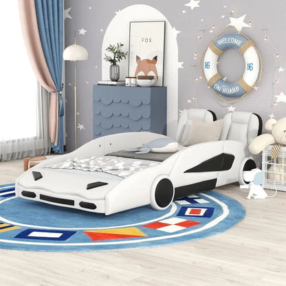Leather Upholstered Twin Size Race Car Platform Bed with Wheels