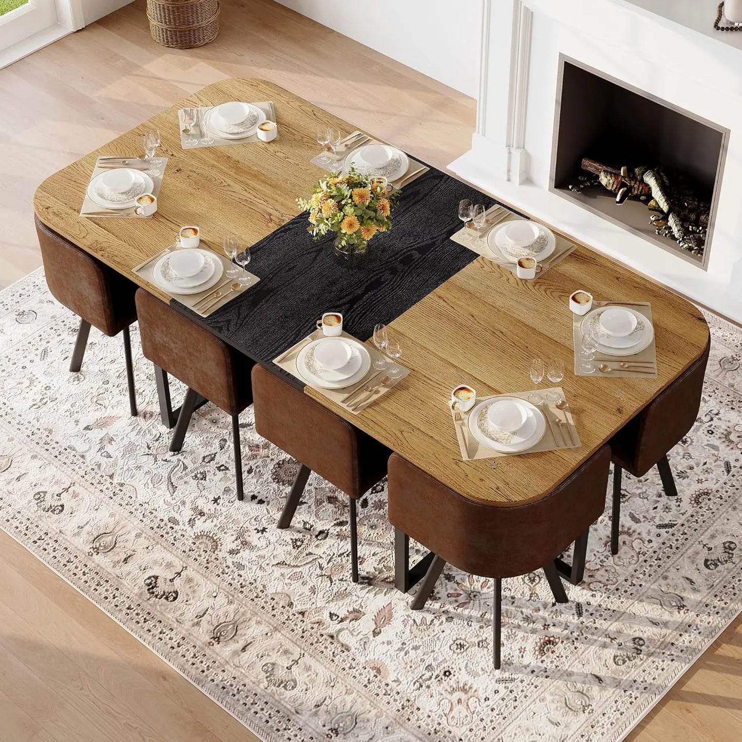 9-Piece Space-Saving Two-Tone Wood Grain Dining Table Set