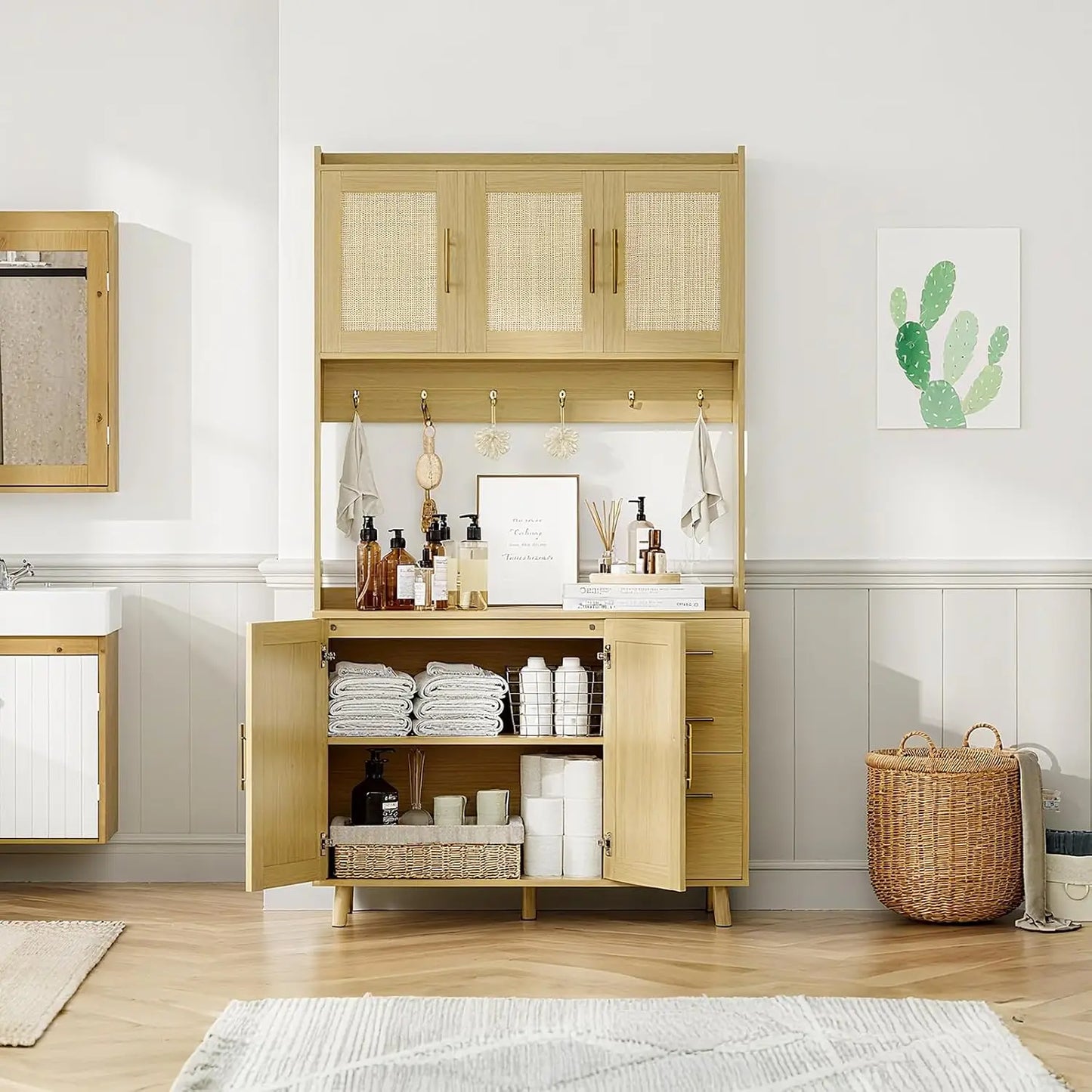 Rattan Kitchen Pantry Cabinet with 3 Drawers & Adjustable Shelves
