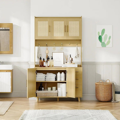 Rattan Kitchen Pantry Cabinet with 3 Drawers & Adjustable Shelves