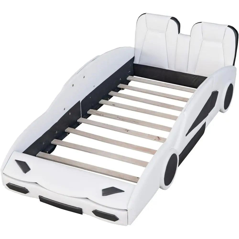 Leather Upholstered Twin Size Race Car Platform Bed with Wheels