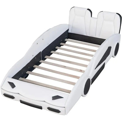 Leather Upholstered Twin Size Race Car Platform Bed with Wheels