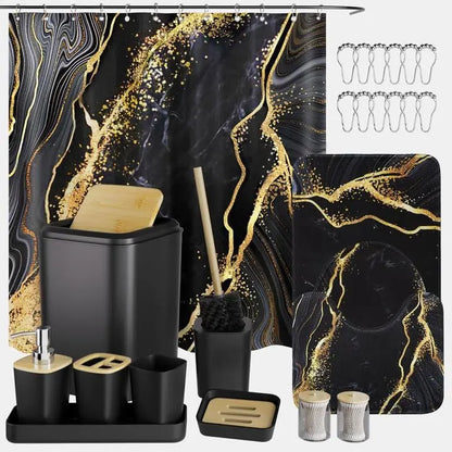 Black and Gold Shower Curtain Set with Rugs and Accessories