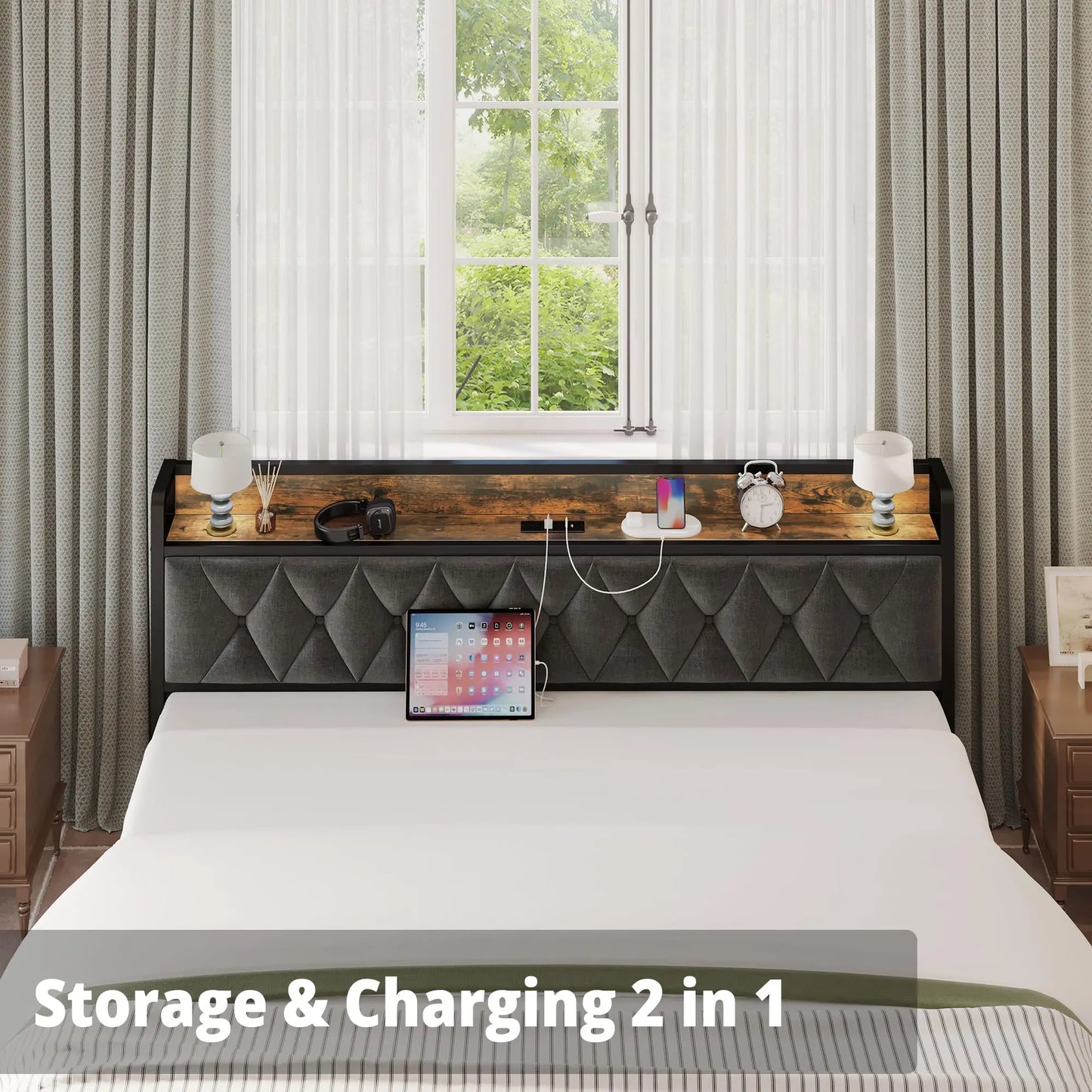 Multi Size Bed Frames with Storage Headboard