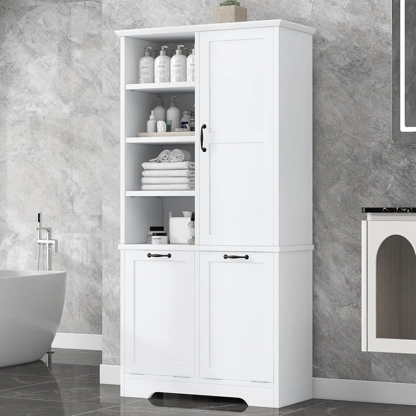 68" Tall Bathroom Storage Cabinet with 2 Tilt Out Laundry Hamper Door & Adjustable Shelves