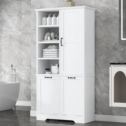 68" Tall Bathroom Storage Cabinet with 2 Tilt Out Laundry Hamper Door & Adjustable Shelves