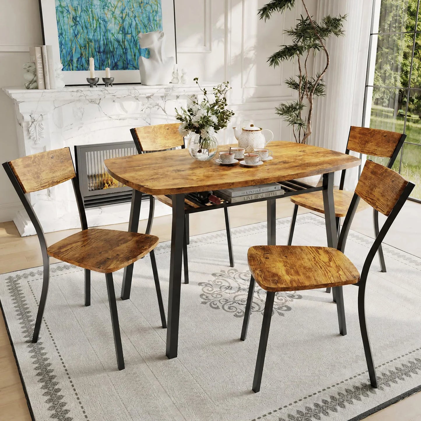 5 Piece Dining Table Set For 4 with Storage Shelf