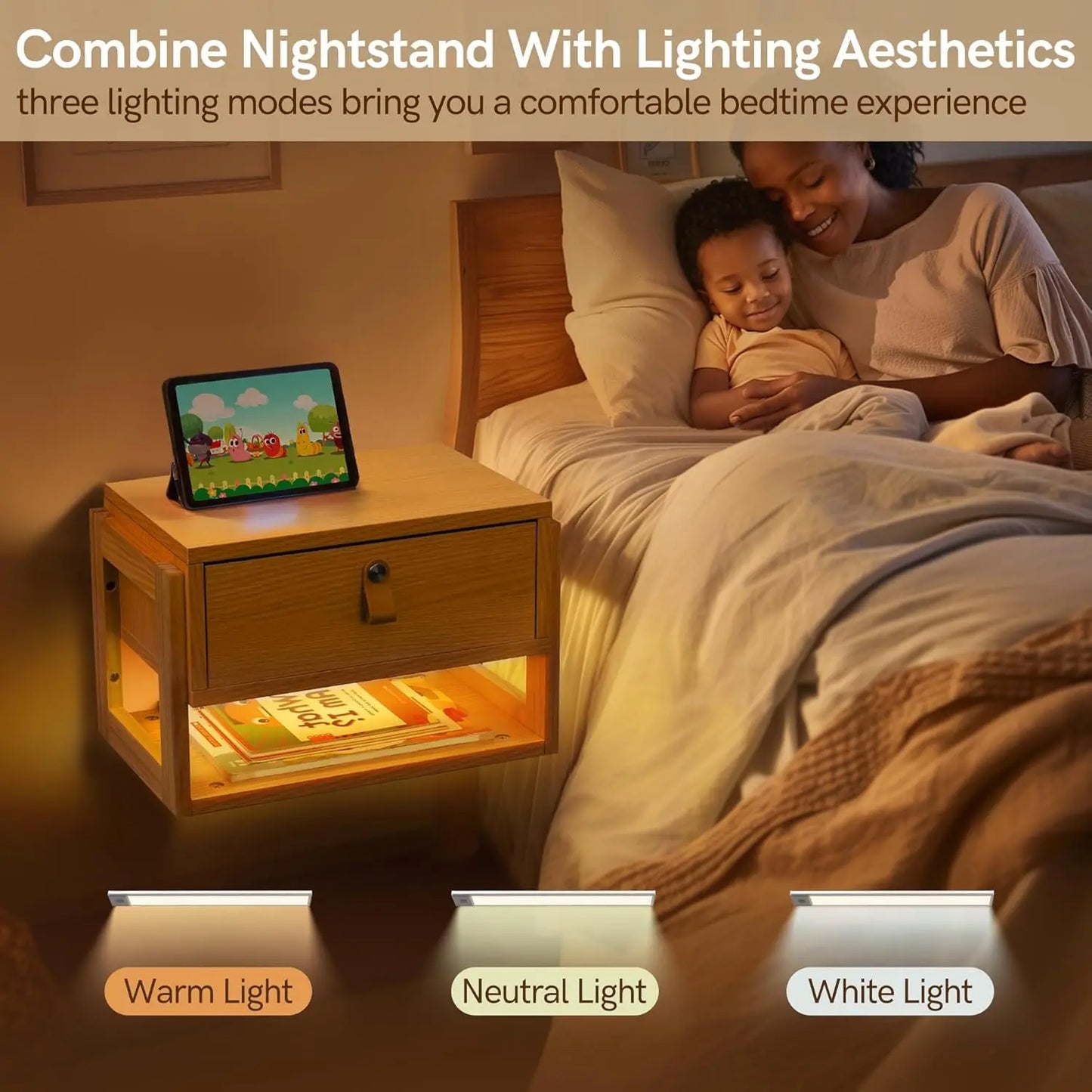 Floating Nightstand with LED Light Strips, Drawer & Shelf
