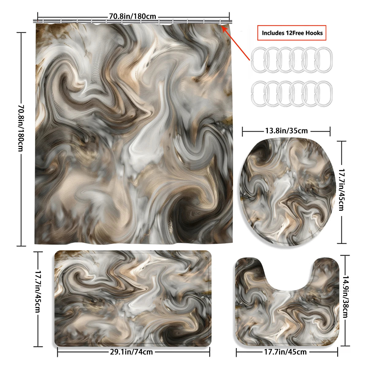 4 Pcs/Set Brown Marble Swirl Shower Curtain Bathroom Set