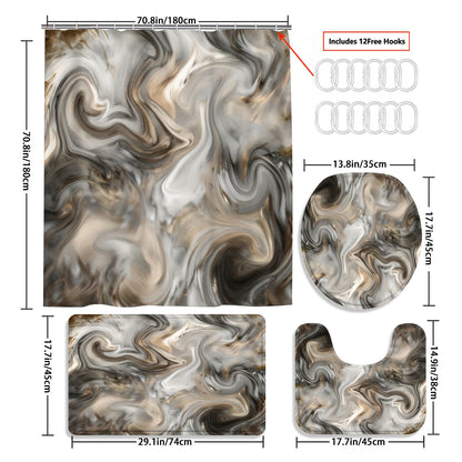 4 Pcs/Set Brown Marble Swirl Shower Curtain Bathroom Set
