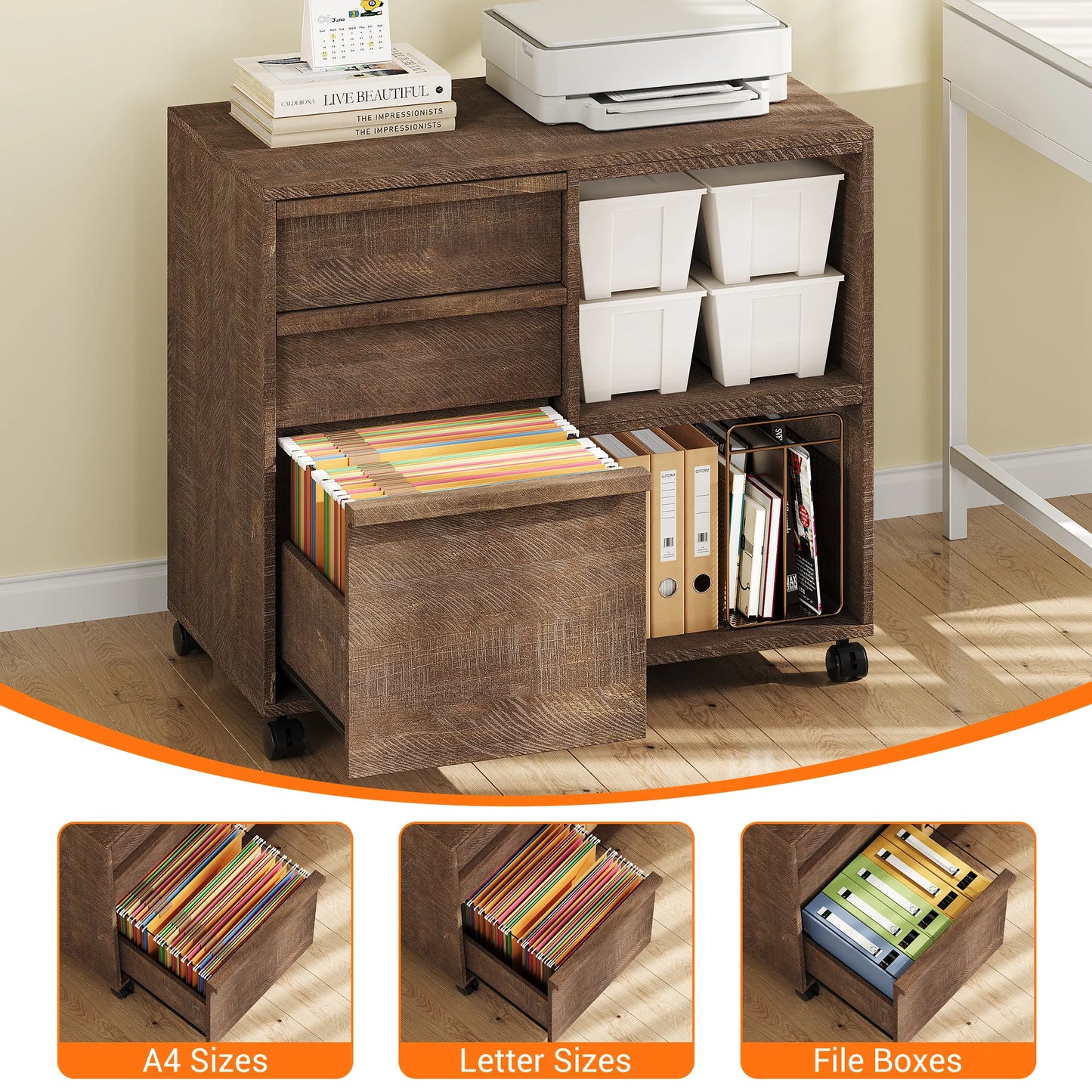 Rolling 3 Drawer Wood File Cabinet with Open Storage Shelves