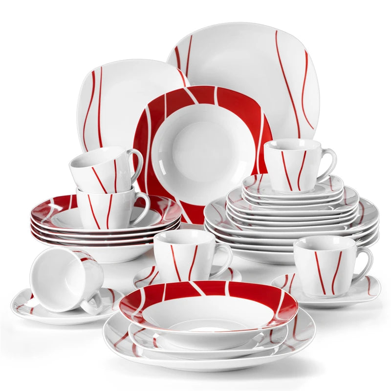 30 Piece Red Stripes Ivory White Porcelain Dinner Set