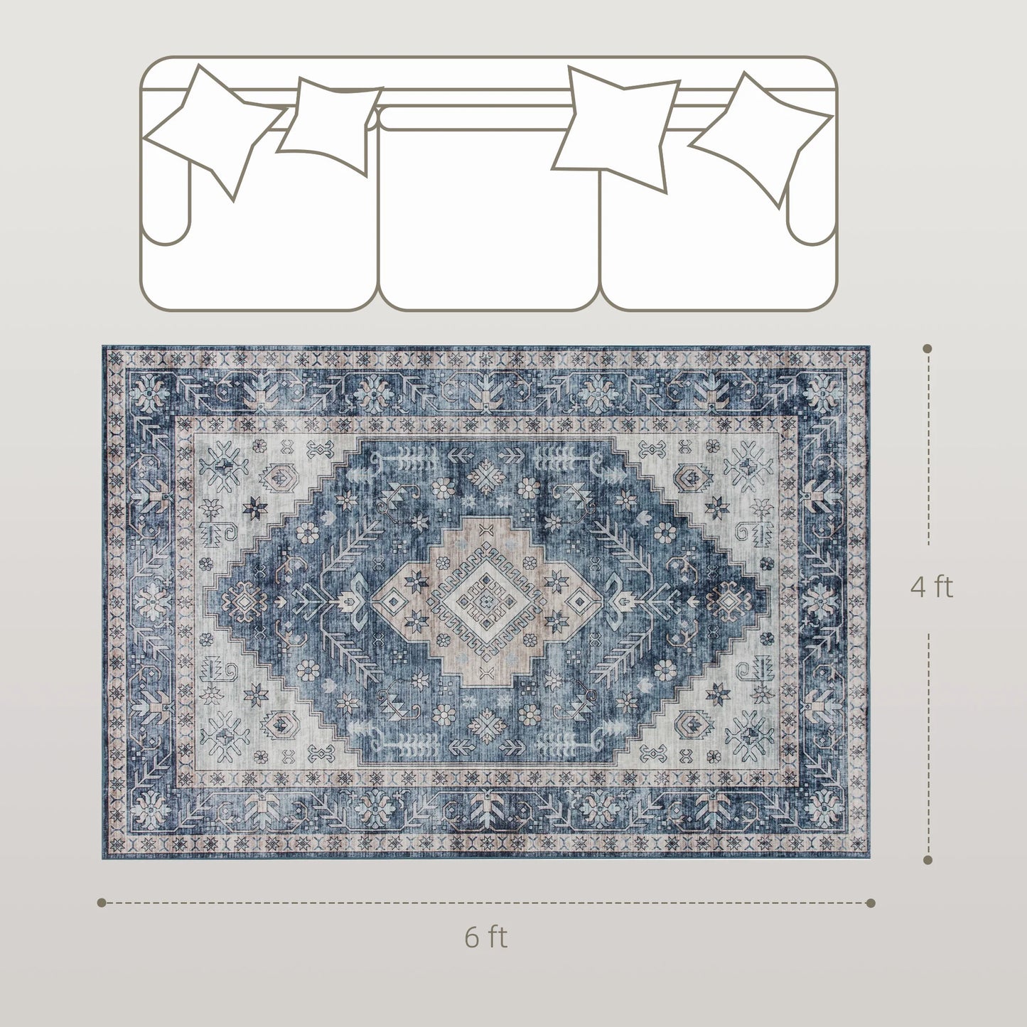Blue 4'x6' Vintage Oriental Medallion Distressed Rugs