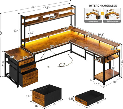 Reversible L Shaped Desk with Drawers & Shelves